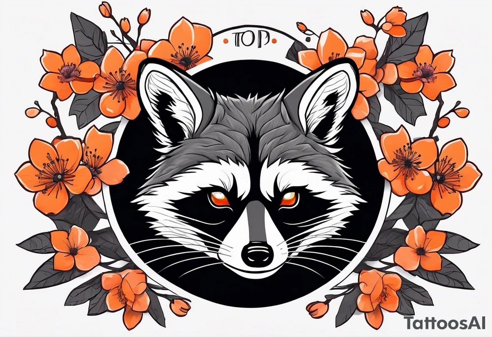Raccoon wearing a white Superman logo on a black hoodie and orange Japanese cherry blossoms tattoo idea