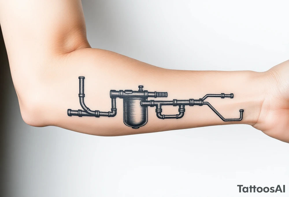 long System of pipes that transitions and transforms into veins of forearm. Top pipe starts closer to the elbow tattoo idea