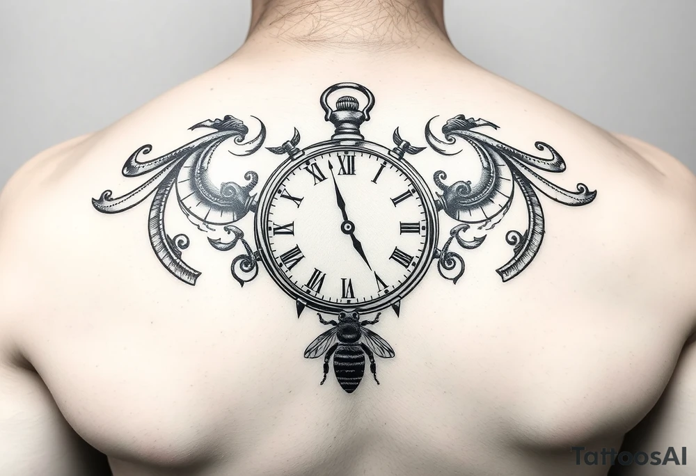 Imaginez un tatouage noir et blanc pour l'avant bras avec horloge affichant 6h40, avec  le Colisé en arrière plan du tatouage  un gladiateur avec une abeille sur le bouclier  une carte de la Corse tattoo idea
