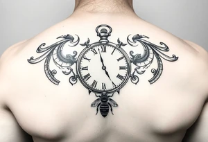 Imaginez un tatouage noir et blanc pour l'avant bras avec horloge affichant 6h40, avec  le Colisé en arrière plan du tatouage  un gladiateur avec une abeille sur le bouclier  une carte de la Corse tattoo idea