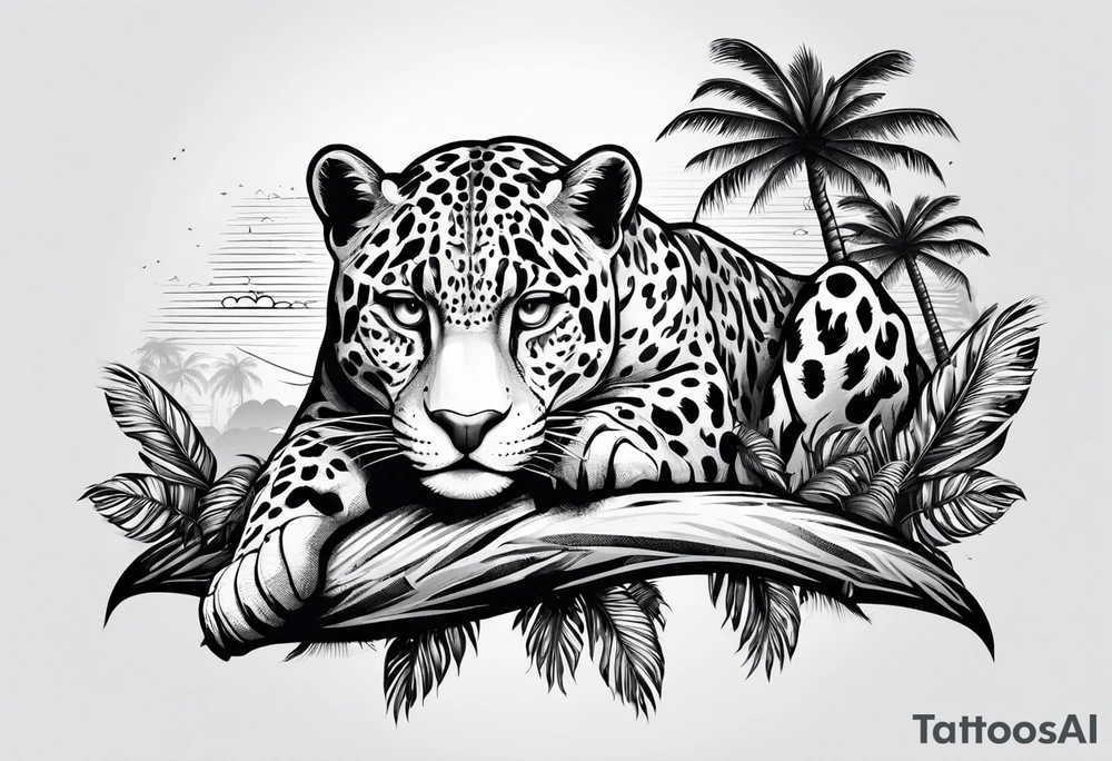 jaguar laying on palm tree tattoo idea