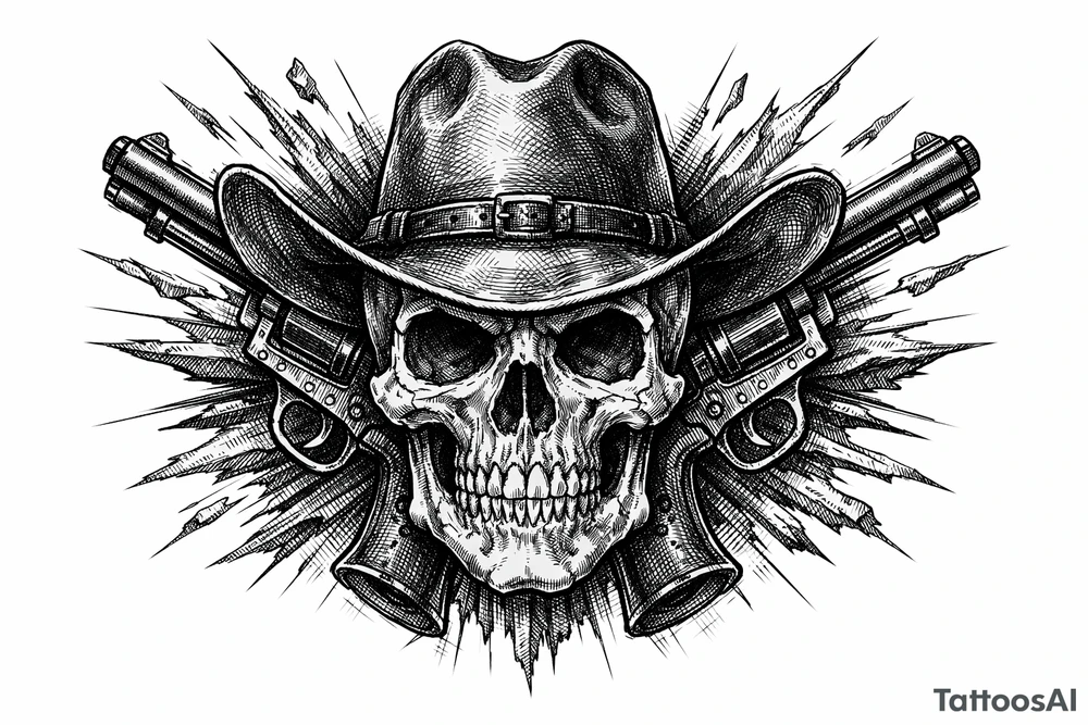 Skull with cowboy hat, pistols bursting from background, vintage engraving style. tattoo idea