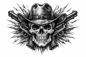 Skull with cowboy hat, pistols bursting from background, vintage engraving style. tattoo idea
