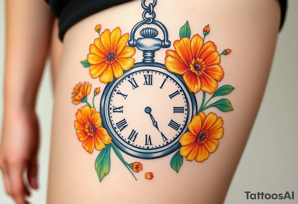 Beautiful pocket watch surrounded by orange and yellow marigolds tattoo idea