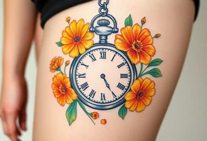 Beautiful pocket watch surrounded by orange and yellow marigolds tattoo idea