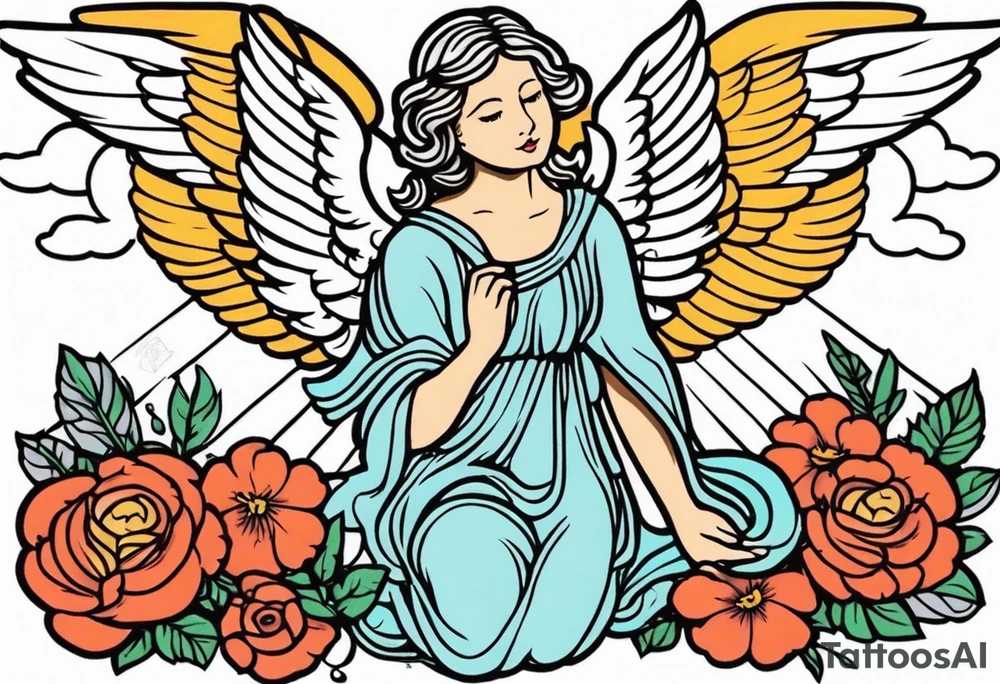 angel vintage tattoo style old school traditional bold color simple with flowers surrounded tattoo idea