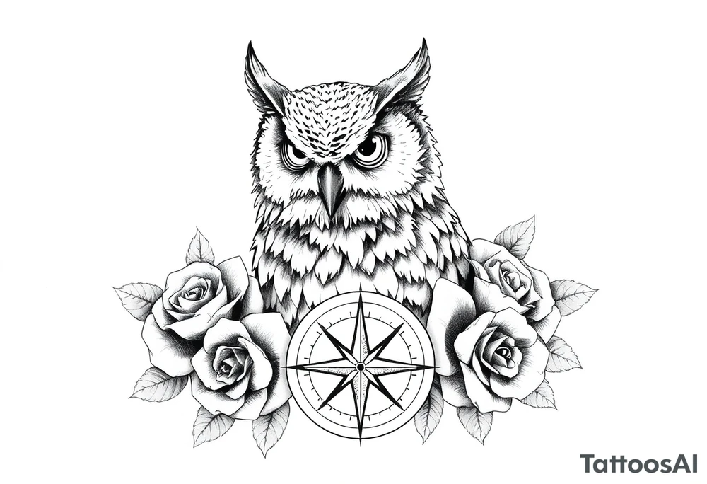 an owl,compass,roses, tattoo idea
