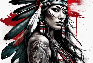 dark photo realistic woman, native american, wolf, blood tattoo idea