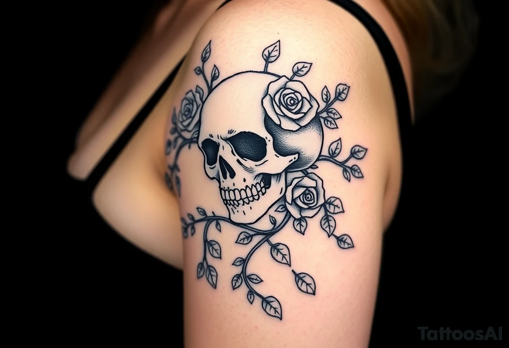 gothic skull intertwined with climbing roses and thorny vines tattoo idea