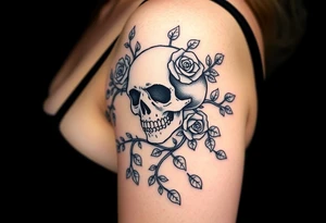 gothic skull intertwined with climbing roses and thorny vines tattoo idea
