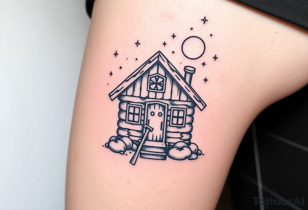 Tiny nordic house with cosmic sky and celestial details. With a pickaxe out the front of the house tattoo idea