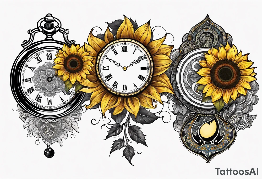 Sunflower, paisley, moon, 3 old fashioned pocket watches, witchy tattoo idea