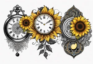 Sunflower, paisley, moon, 3 old fashioned pocket watches, witchy tattoo idea