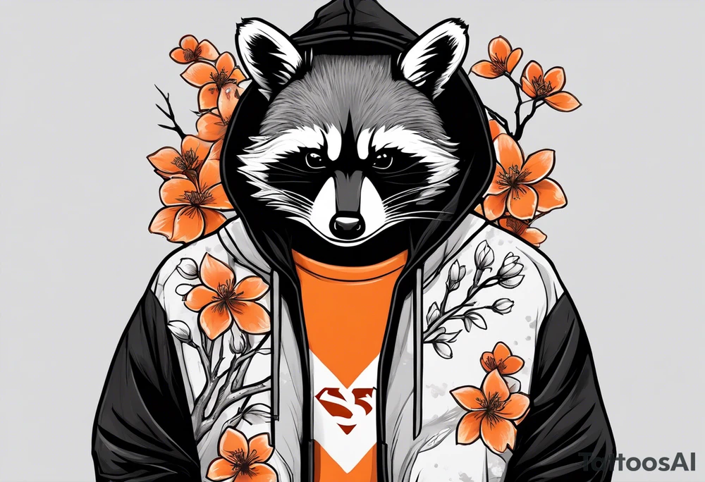 Raccoon wearing a white Superman logo on a black hoodie and orange Japanese cherry blossoms tattoo idea