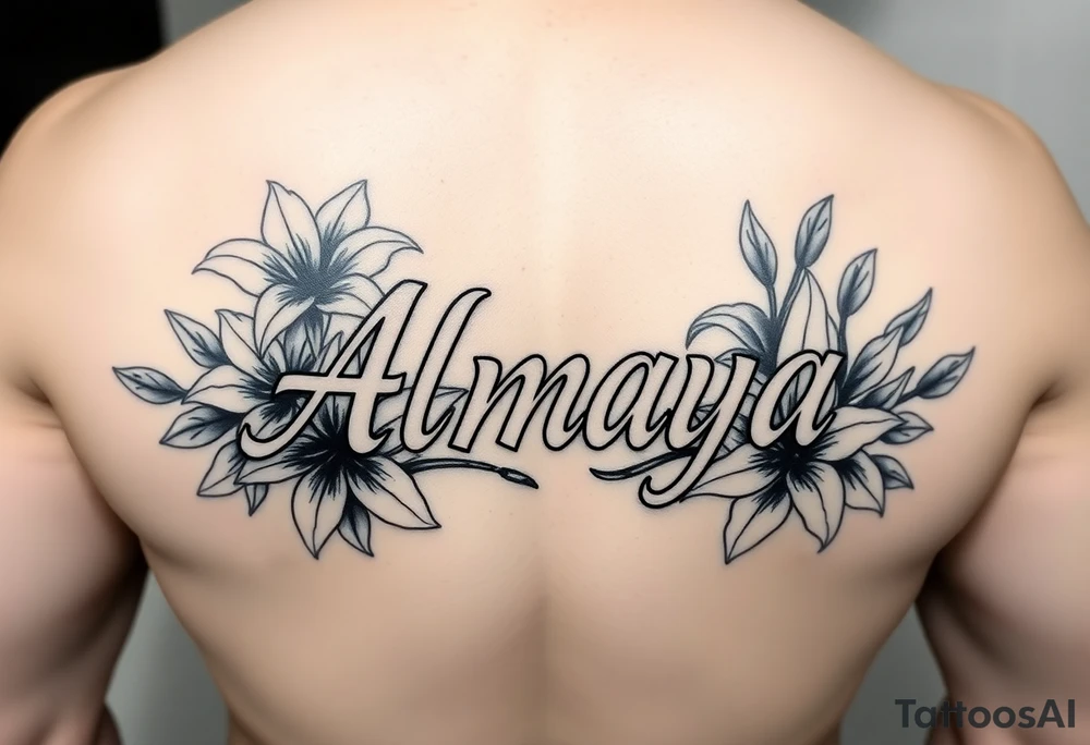 The name Almaya surrounded by Lilies. I want this on my ribs tattoo idea