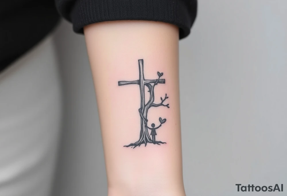 Father, mother, son, daughter standing with weathered cross like a tree intertwined tattoo idea