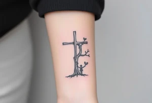 Father, mother, son, daughter standing with weathered cross like a tree intertwined tattoo idea