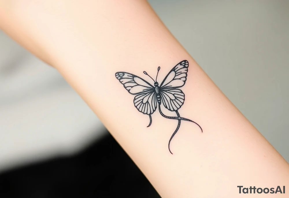 ethereal butterfly with flowing silk ribbons in moonlight tattoo idea