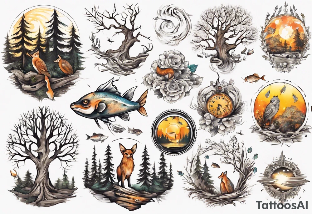 sonne, eule  wald, fuchs 
baum, sapere aude, Wasser, fisch tattoo idea