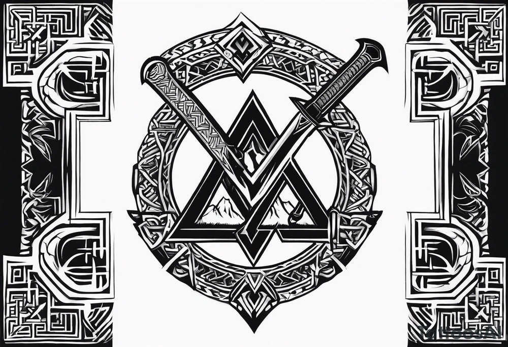 Valhalla sword shield axe Valknut tattoo idea