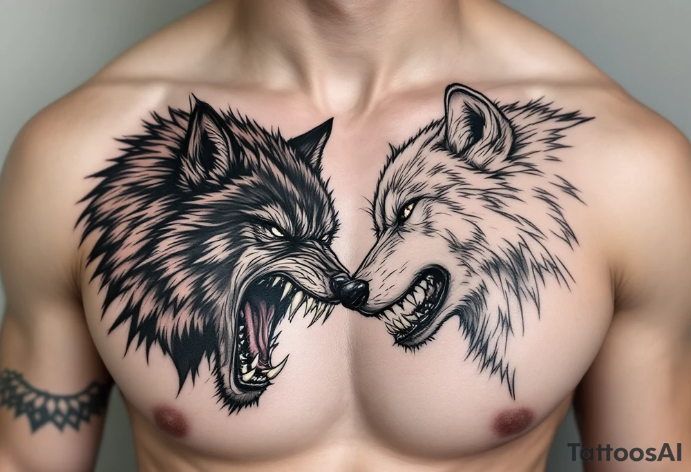 Strong white wolf next to a weak angry black wolf tattoo idea