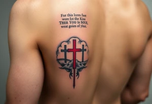 Red and black ink  tattoo on left inner arm with bible verse background clouds and 3 crosses one red in the middle of wrist  under a chosen wrist tattoo before the hand/palm 

On left forearm tattoo idea