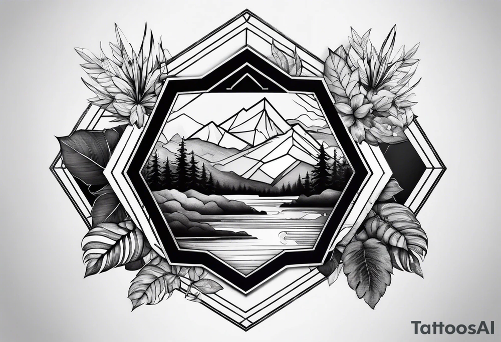 black hexagon filled with nature tattoo idea