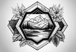 black hexagon filled with nature tattoo idea
