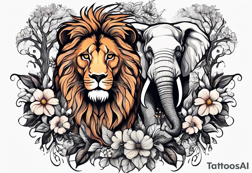 A lion a oak tree and a elephant with some flowers tattoo idea