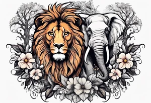 A lion a oak tree and a elephant with some flowers tattoo idea