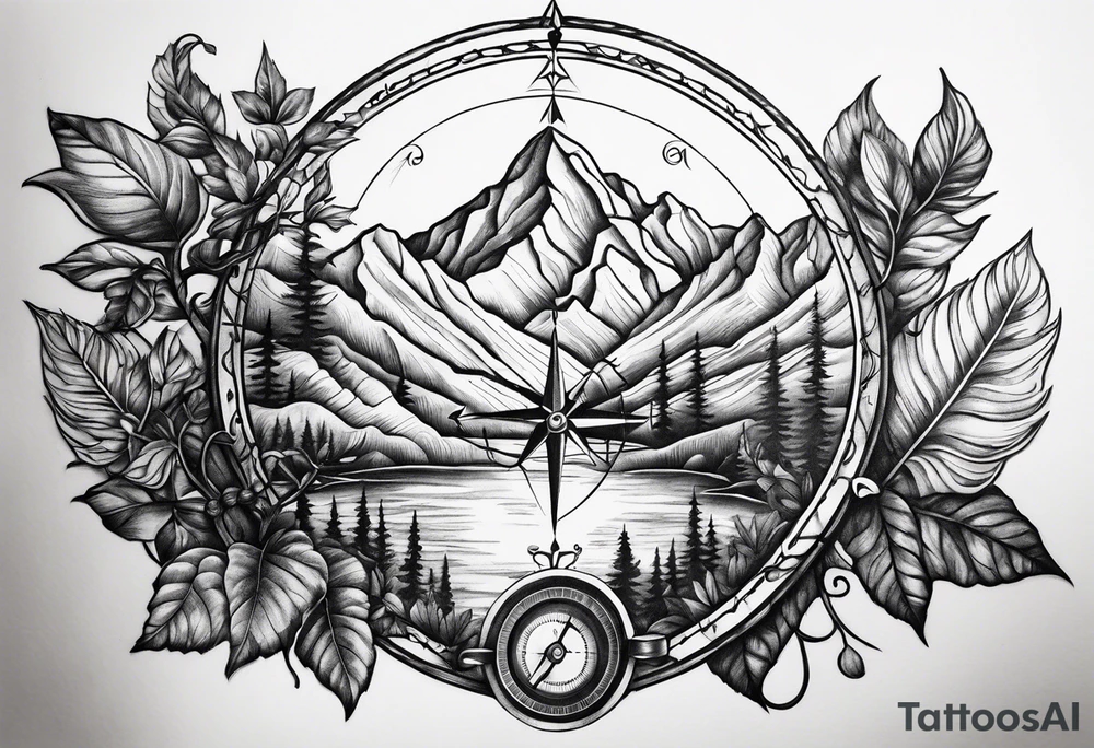 Vine branch long with mountains music compass tattoo idea