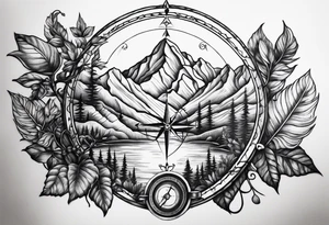 Vine branch long with mountains music compass tattoo idea