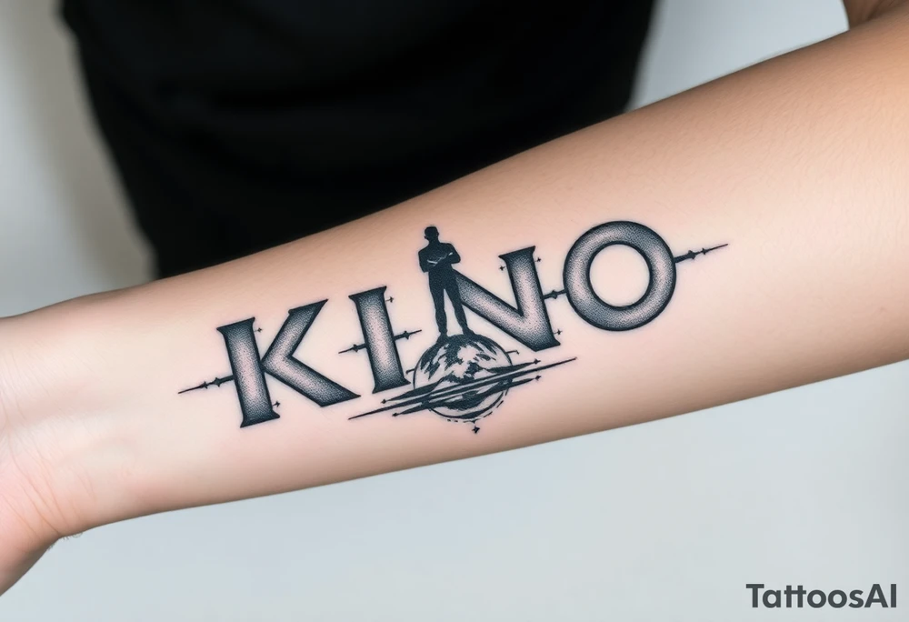 Forearm tattoo of the words kino central with graphic design of the galaxy behind it with stars in the background of the design with a man standing over top of the N in the word kino tattoo idea
