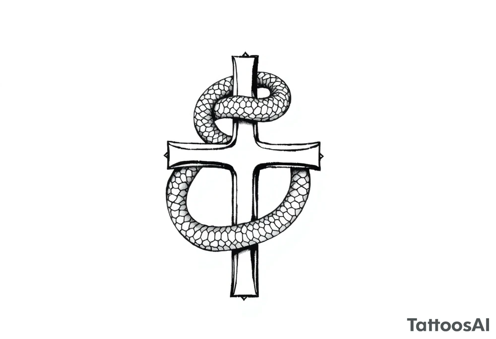 black and white drawing of a cross and a snake wrapped around it, leviathan cross, striking graphic illustration featuring a black cross engulfed by a snake, which forms an infinity loop. The snake is depicted with intricate scales and a menacing expression, coiling tightly around the vertical shaft of the cross. The overall composition is bold and simplistic tattoo idea