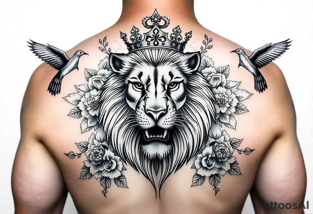 powerful majestic lion with a crown, surrounded by floral ornaments and birds tattoo idea