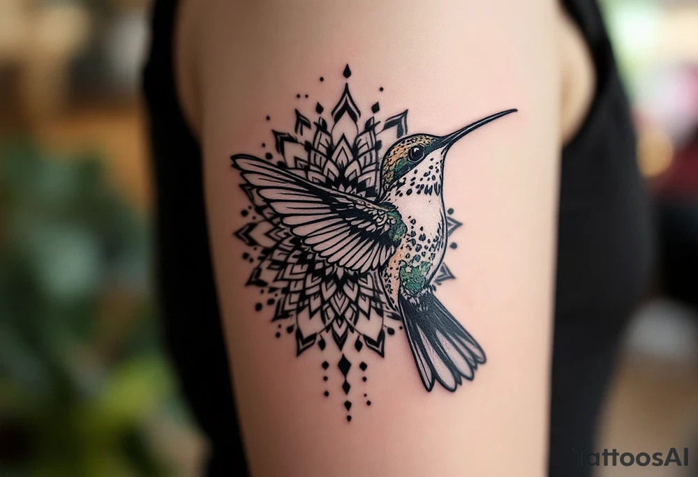 New school hummingbird centered in front of a mandala design tattoo idea