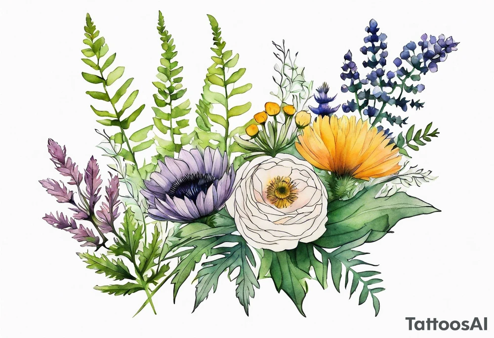 mixed wildflower bouquet with ferns, ranunculus, thistle and with watercolor to go along foot tattoo idea