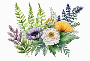 mixed wildflower bouquet with ferns, ranunculus, thistle and with watercolor to go along foot tattoo idea