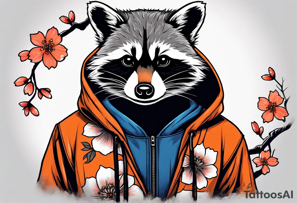 raccoon wearing a Superman hoodie with black and white logo and orange Japanese cherry blossoms tattoo idea
