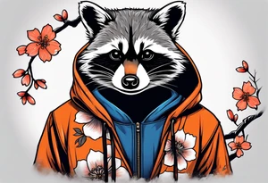 raccoon wearing a Superman hoodie with black and white logo and orange Japanese cherry blossoms tattoo idea