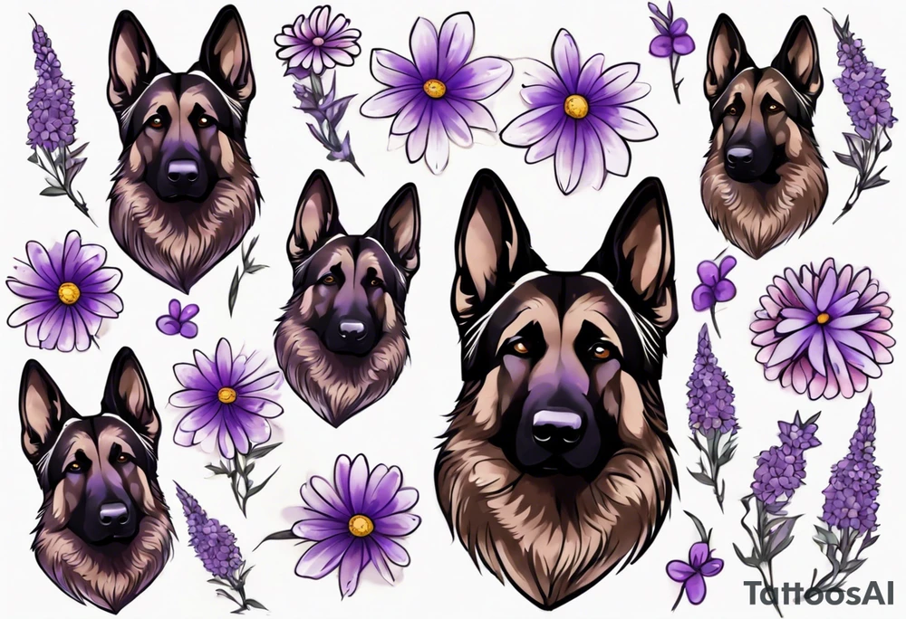 Dark brown German shepherd with purple daisies tattoo idea