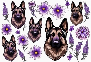 Dark brown German shepherd with purple daisies tattoo idea