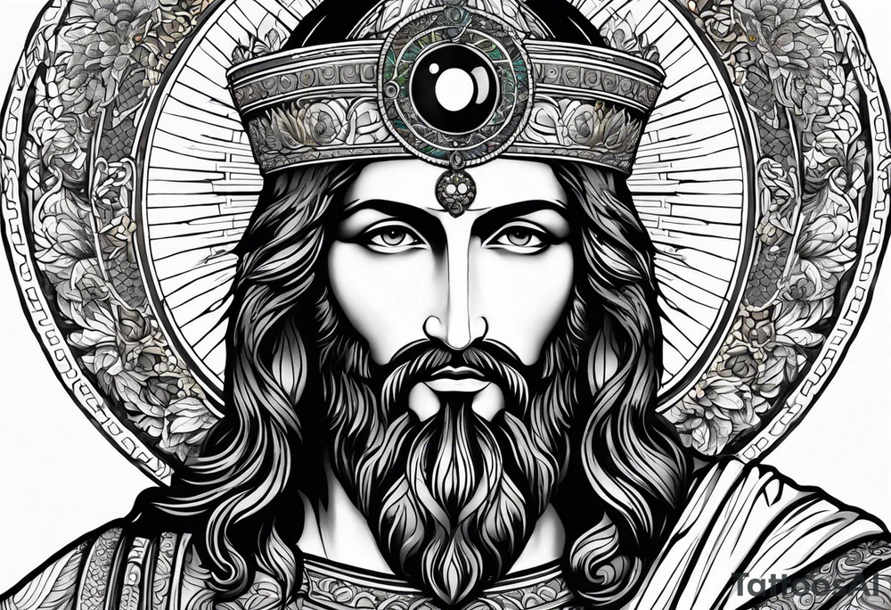 flat stern byzantine Christ with all-demanding eyes with a halo made of peacock feathers tattoo idea