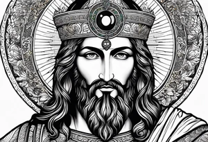 flat stern byzantine Christ with all-demanding eyes with a halo made of peacock feathers tattoo idea