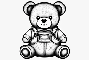 the back of a teddy bear wearing overalls tattoo idea