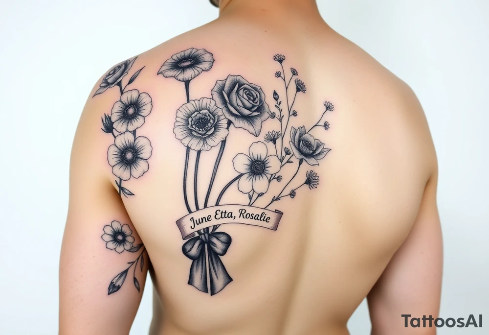 Half arm sleeve tattoo of 3 hollyhock flowers, one wild rose, 5 wild flowers in a bouquet with ribbon bow towards the bottom like the just got picked. On the ribbon include three names: June Etta, Roxy, Rosalie. Next the bouquet put a full realistic doctors stethoscope tattoo idea