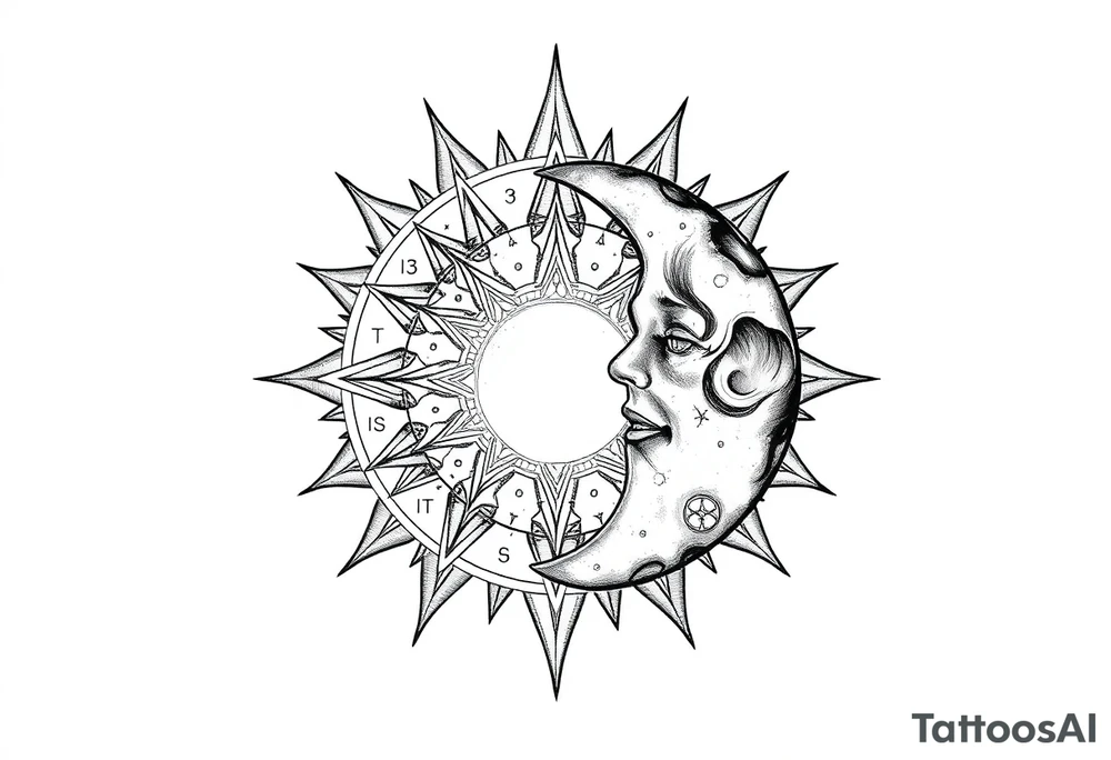 celestial sun and moon embrace with constellation patterns tattoo idea