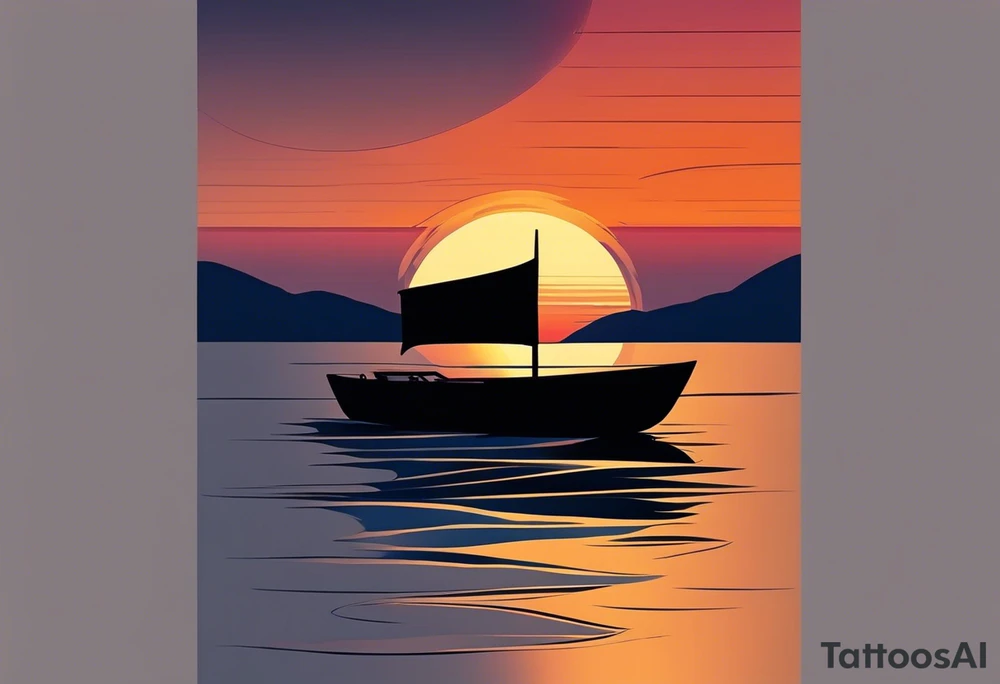 This tattoo needs to be incredibly simple and minimal. It's a sunset from the perspective of being on a boat on the ocean. The waves are very calm and there is no land in site. There are slight reflections of the sun on the water. The tattoo will be in landscape orientation. Mostly black with small splashes of color from the sun. There should be no objects in the tattoo besides the sun, water, and maybe some clouds and a bird or two. No land or boats. tattoo idea