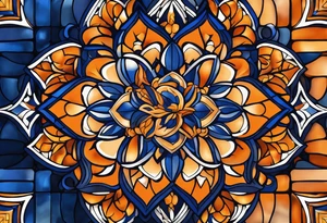 a square-shaped mosaic piece that is made of dark blue and orange. Do not mix the colors, each piece of mosaic should contain one color. It should not have too many pieces within. tattoo idea