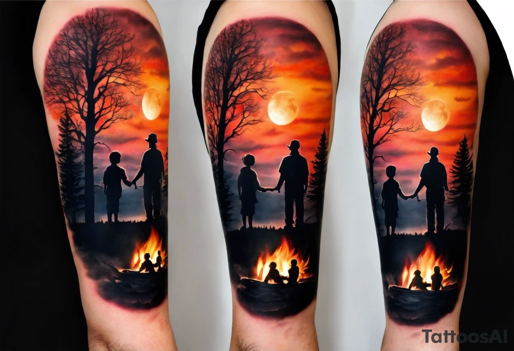 Tattoo of a family of four on a male forearm 
- dad, mom and two boys around a campfire.  Background is a sunset at the bottom, night at the top with a big beautiful moon. I would like it to be encased in a circle with the words "All that I need is the air that I breathe, and all that I need are things I don't need, and all that really matters is what matters to me". tattoo idea